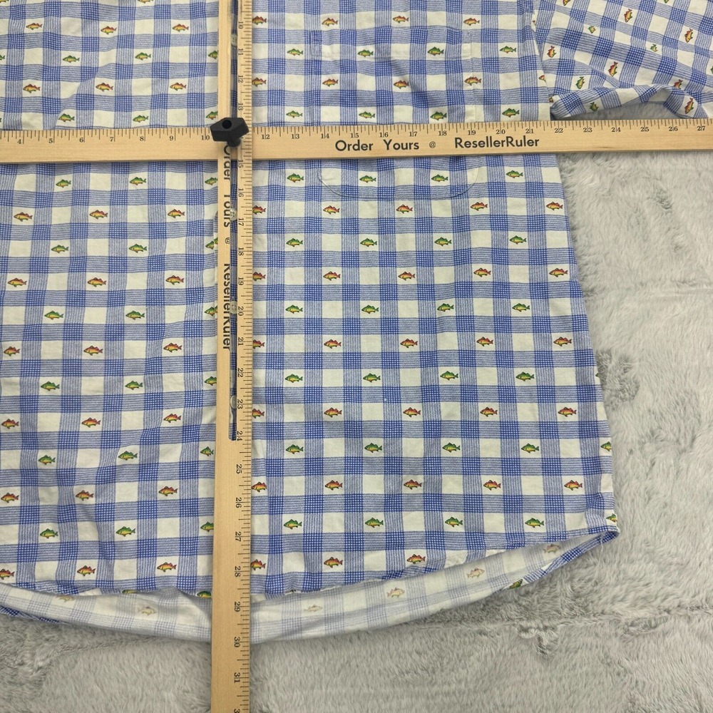 Johnny Cotton Shirt Men M Blue White Plaid Fly Fish Trout Print Button Up VTG - Picture 6 of 7